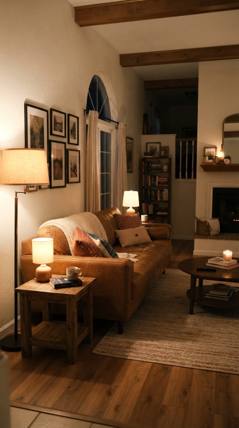 Camel brown sofa brightening a low-light living room