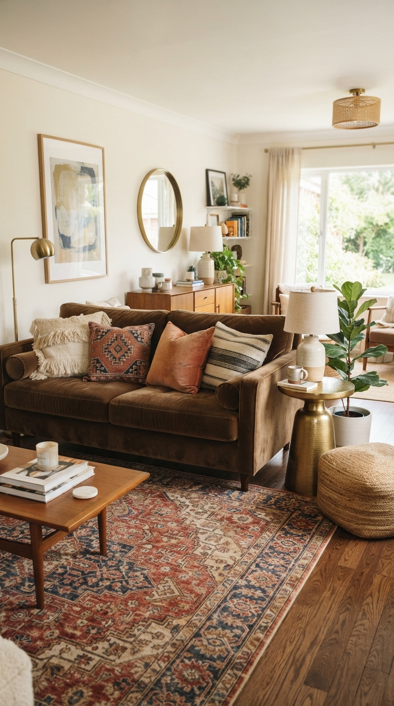 Brown velvet sofa styled with brass accents and patterned rug