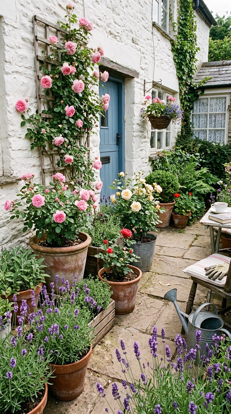 Budget-friendly container cottage garden on a small patio