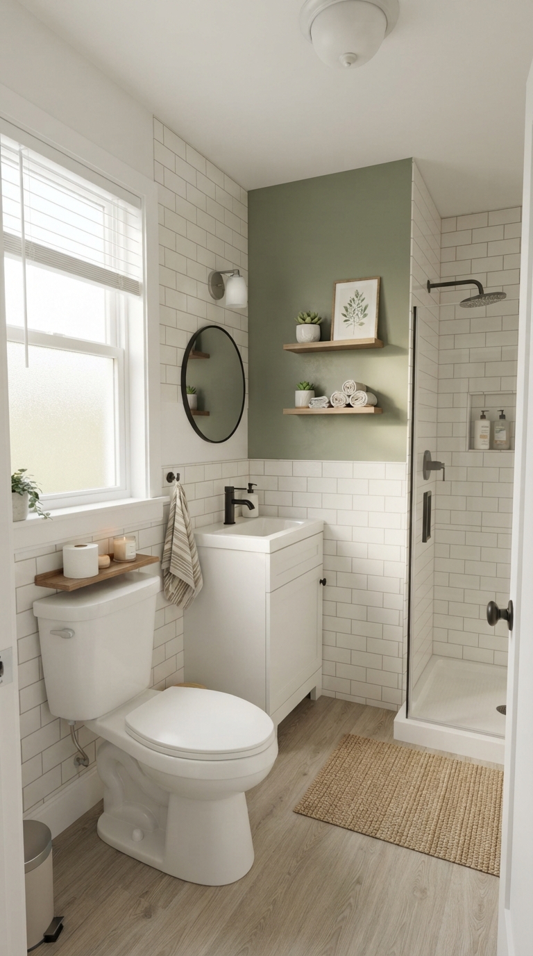 Affordable beginner Bloxburg bathroom with simple modern layout and accent wall.