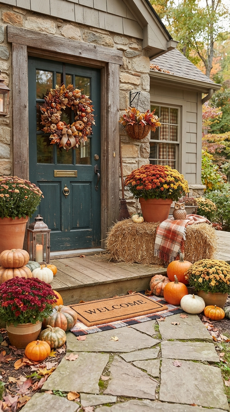 Budget-friendly hay bale and mum fall porch decor idea