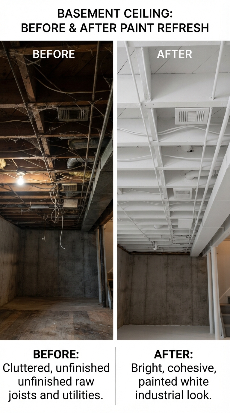 Budget-friendly paint refresh transforming a basement ceiling