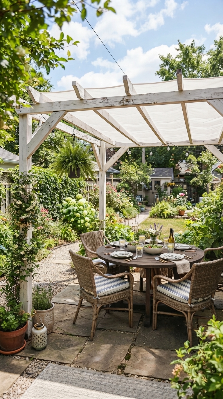Affordable patio pergola with fabric canopy shade