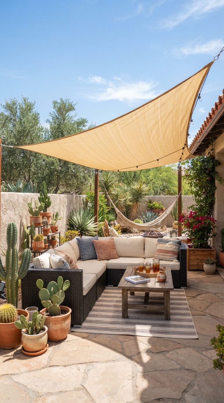 Backyard patio with triangular shade sail for sun protection
