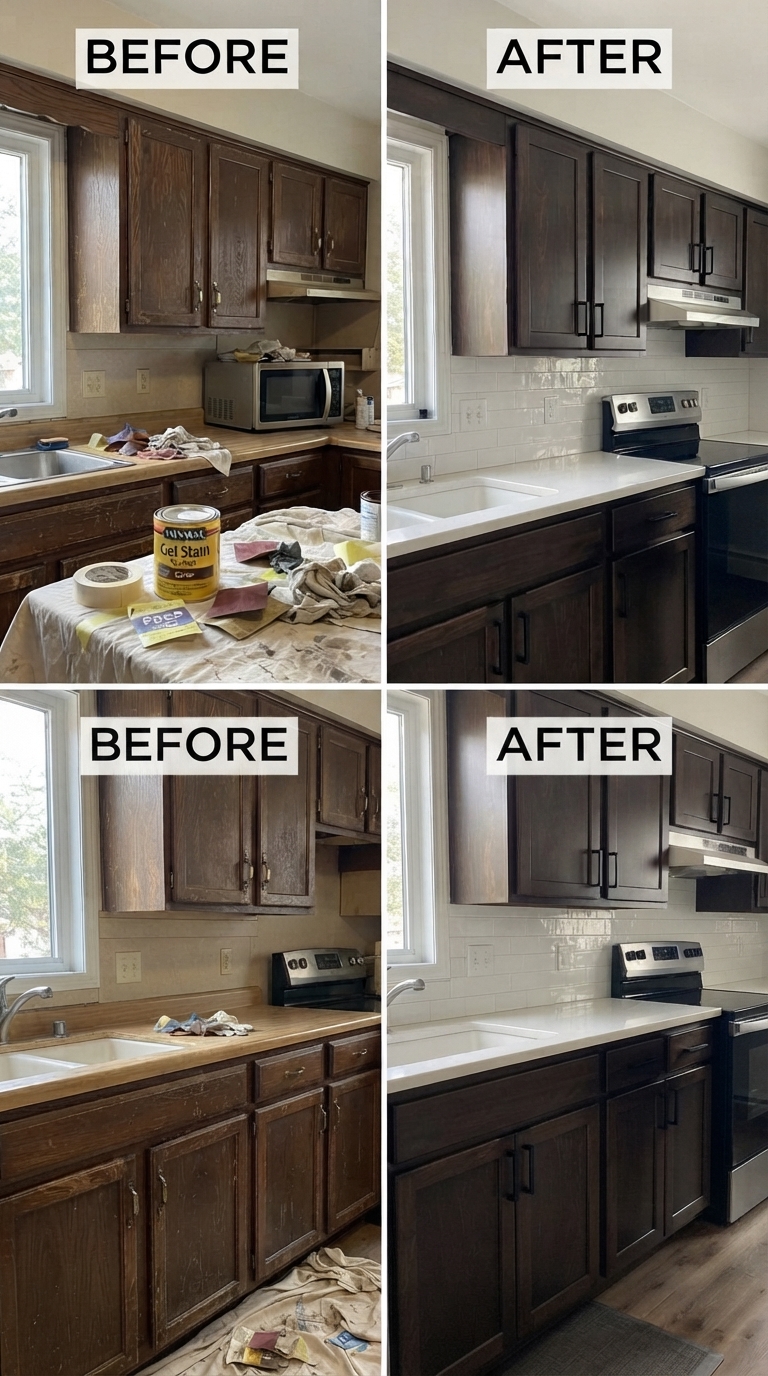 Budget-friendly stained dark wood kitchen cabinets DIY project
