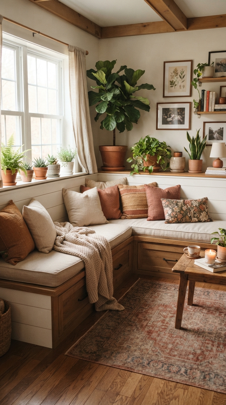Built-in seating corner with cushions in a backyard garden.