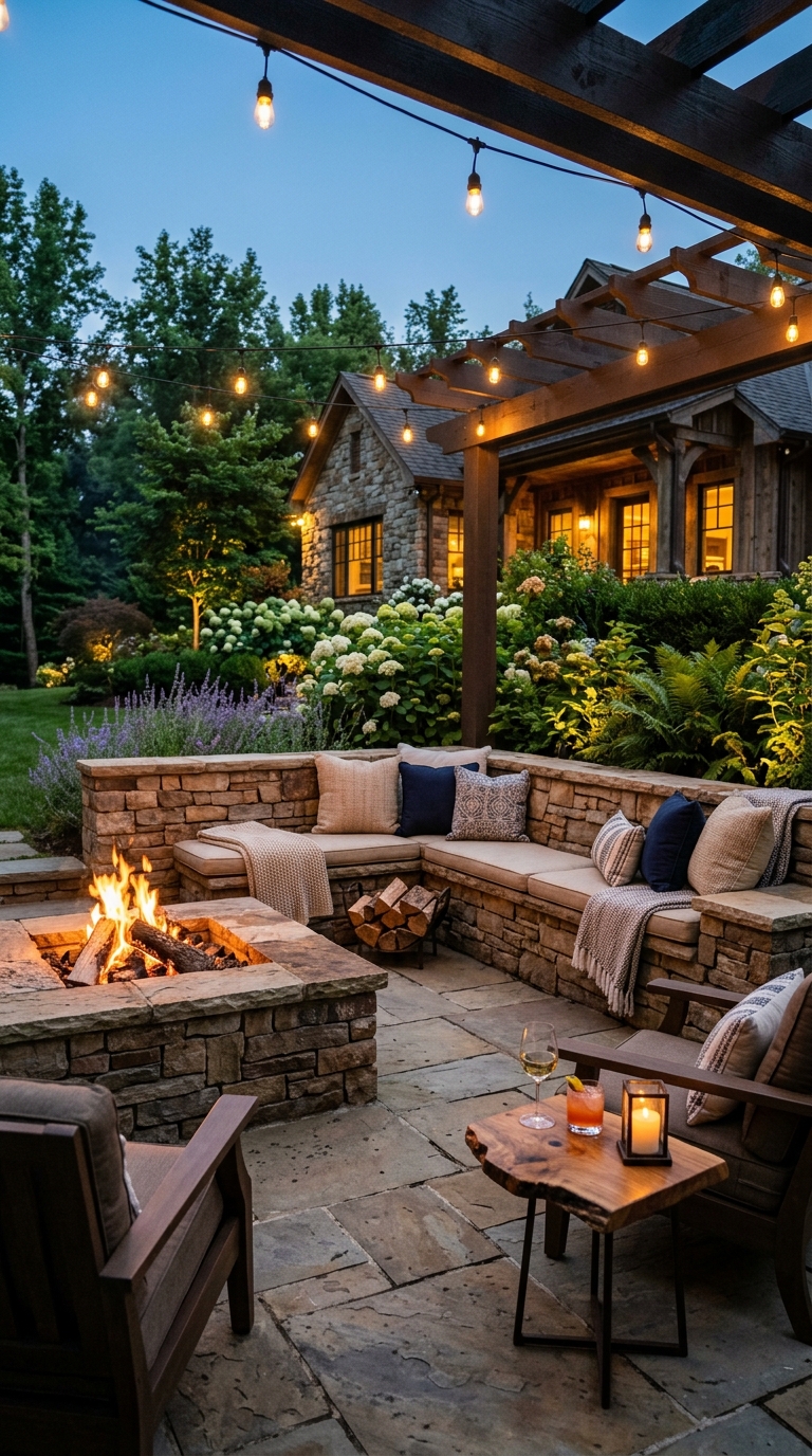 Paver patio with a built-in stone seating wall