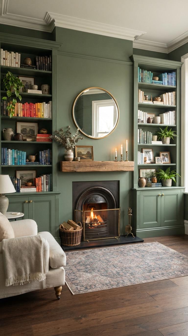 Built-in style bookshelves flanking a fireplace in an old money living room