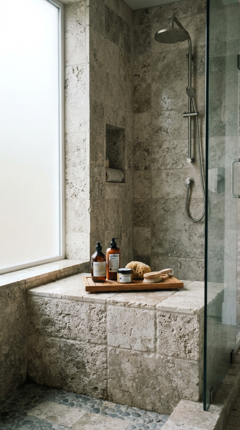 Built-in shower bench with storage tray for a spa-like bathroom