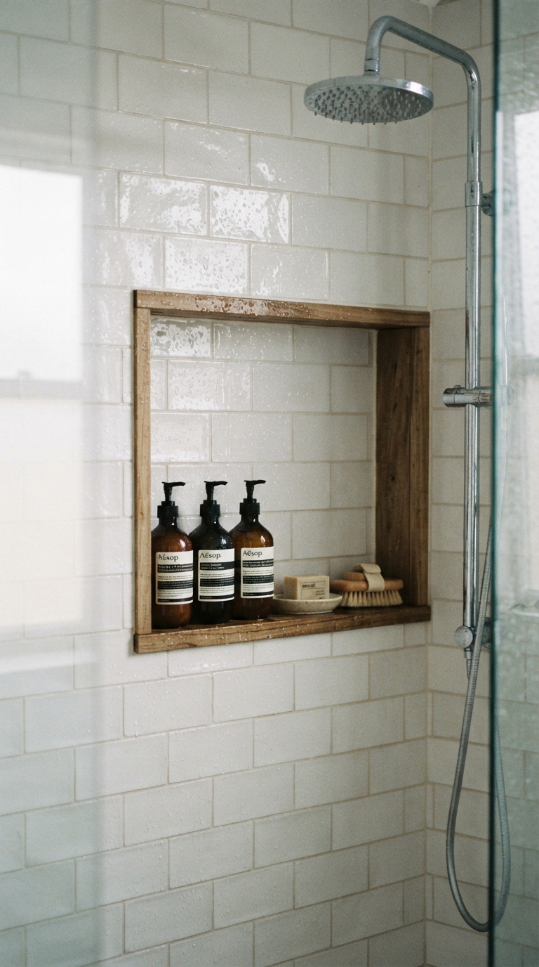 Built-in tiled shower niche with organized bottles for a clutter-free bathroom