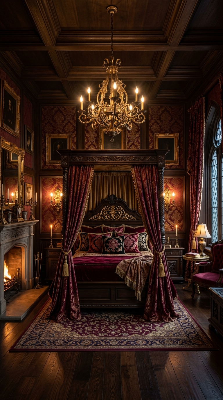 Deep burgundy and gold accent gothic bedroom decor