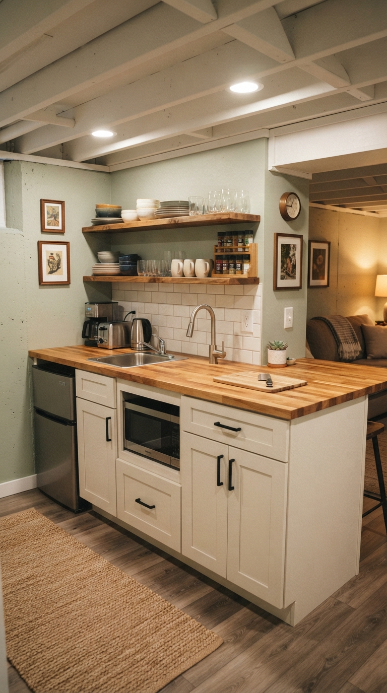 Butcher block countertop basement kitchenette idea