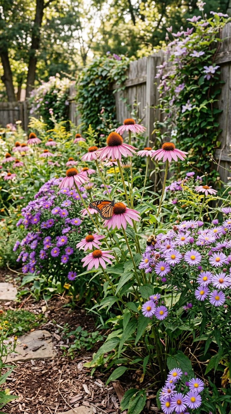 Butterfly and pollinator garden corner in a romantic English backyard