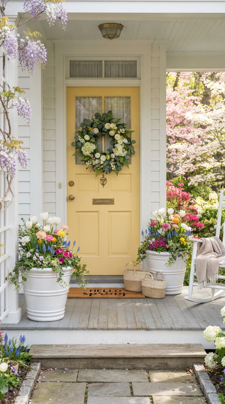 Buttery yellow front door styled with white planters for spring