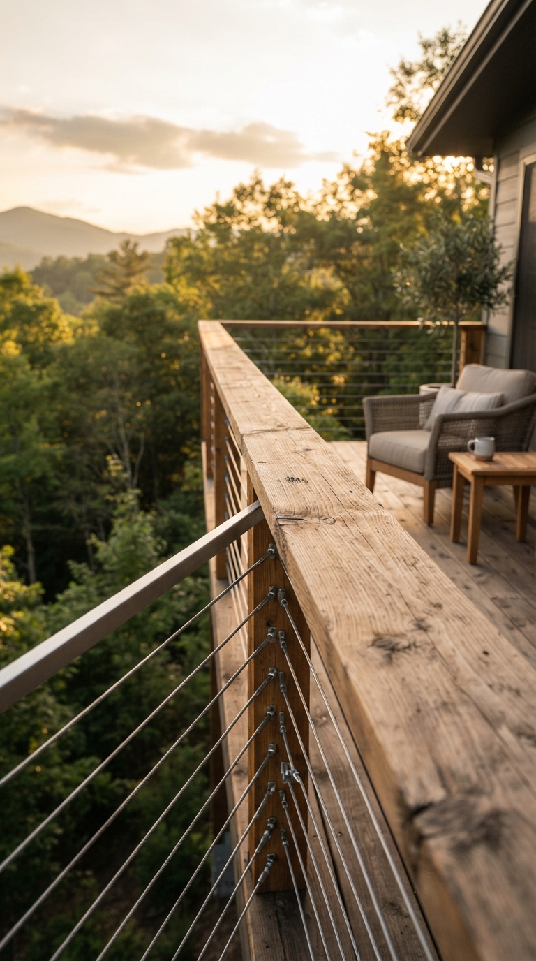 Cable deck railing with a warm wood top rail accent