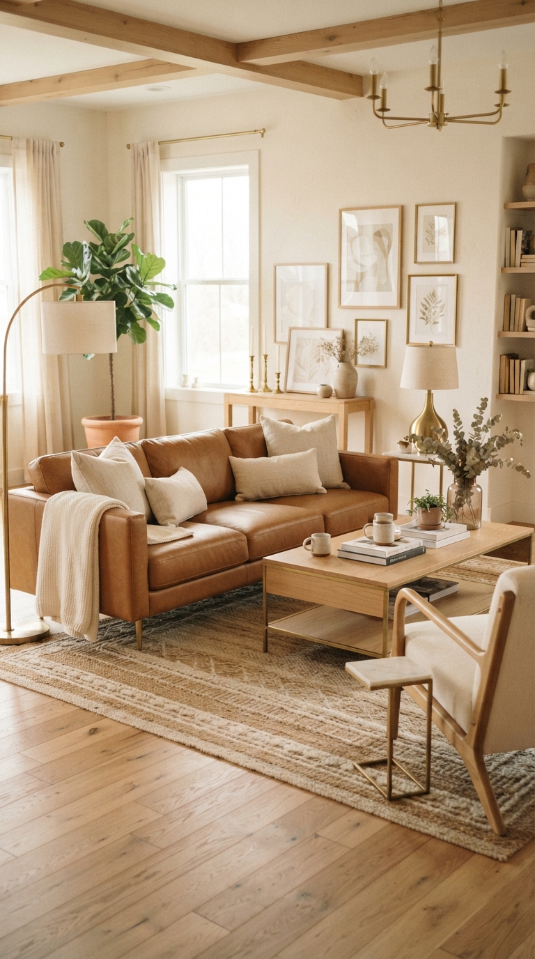 Camel brown sofa styled with cream pillows and light wood furniture