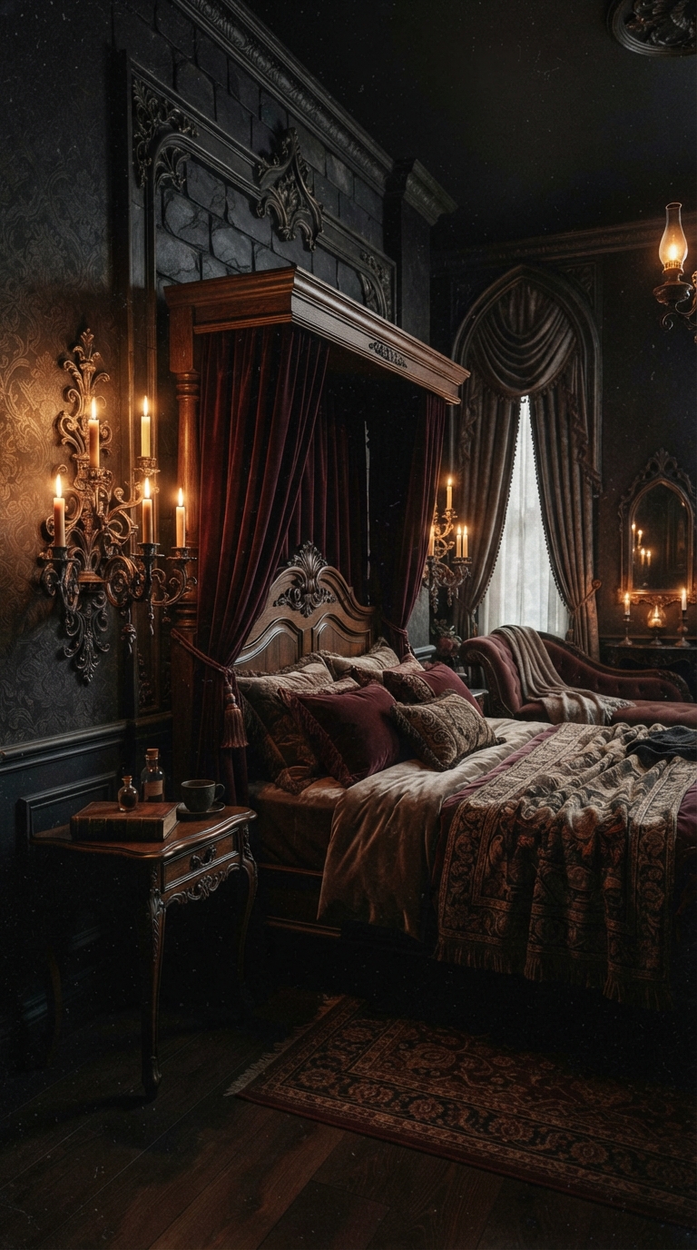 Candlelit wall sconces in a gothic bedroom