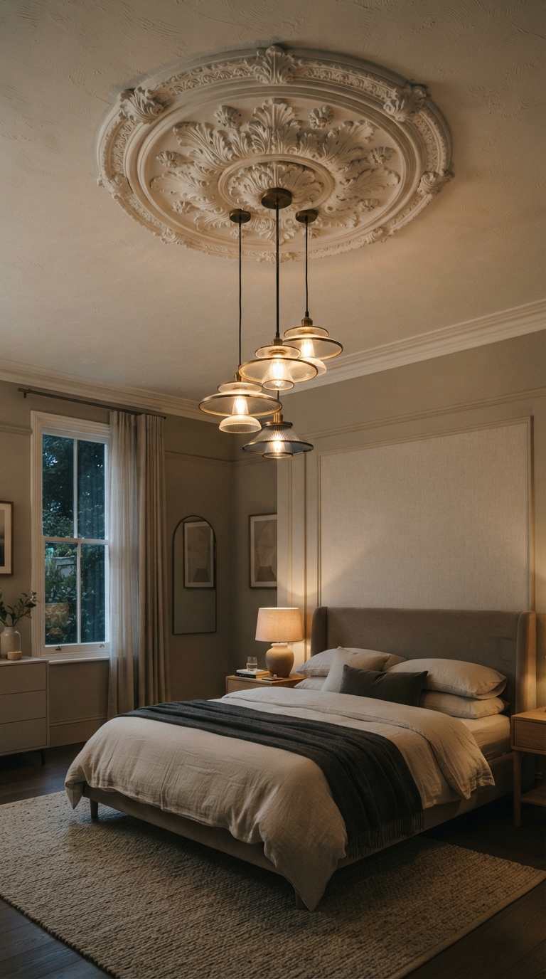 Ceiling medallion paired with modern pendant lighting in a luxury bedroom