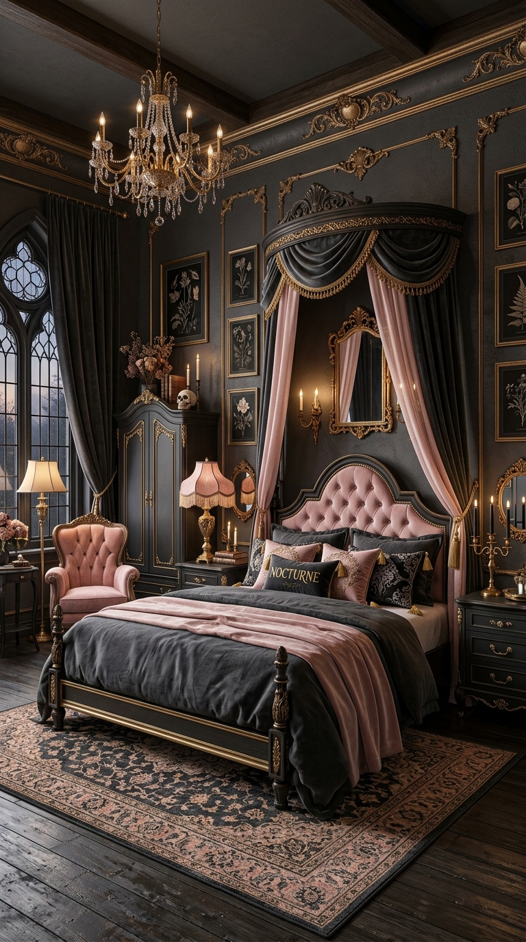 Charcoal and blush contrast gothic bedroom decor