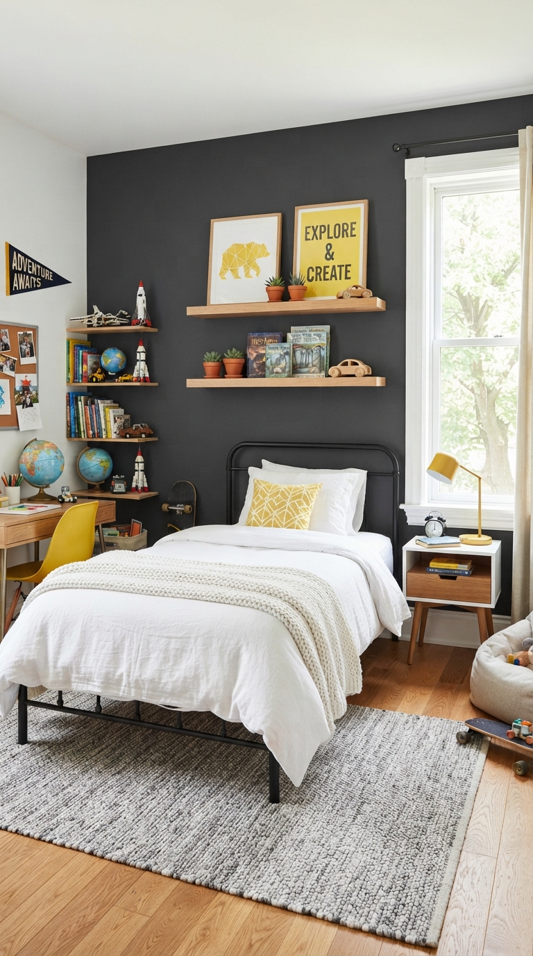 Charcoal feature wall in a boy's bedroom with white bedding