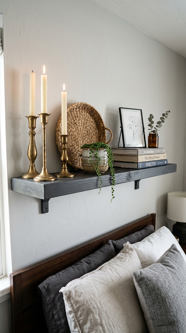 Charcoal floating shelf with brass accents in bedroom