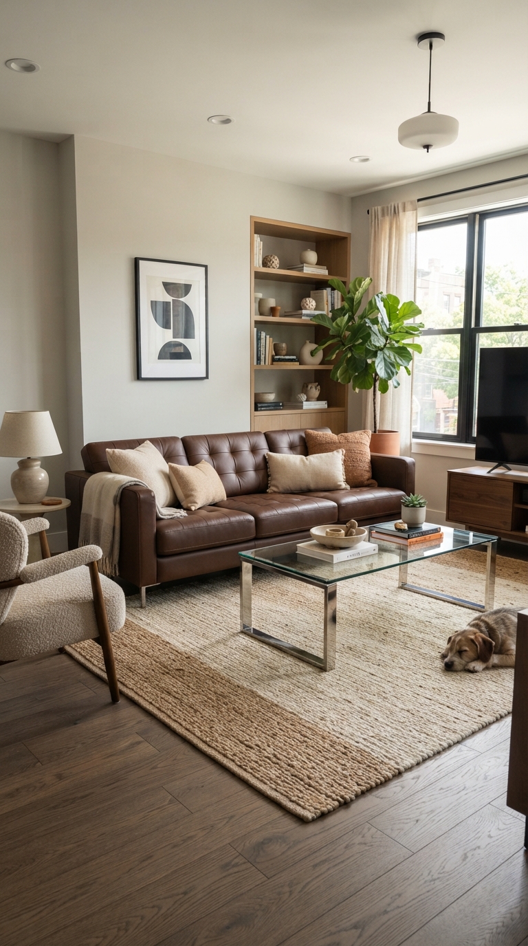 Chocolate leather sofa in a modern living room with glass table