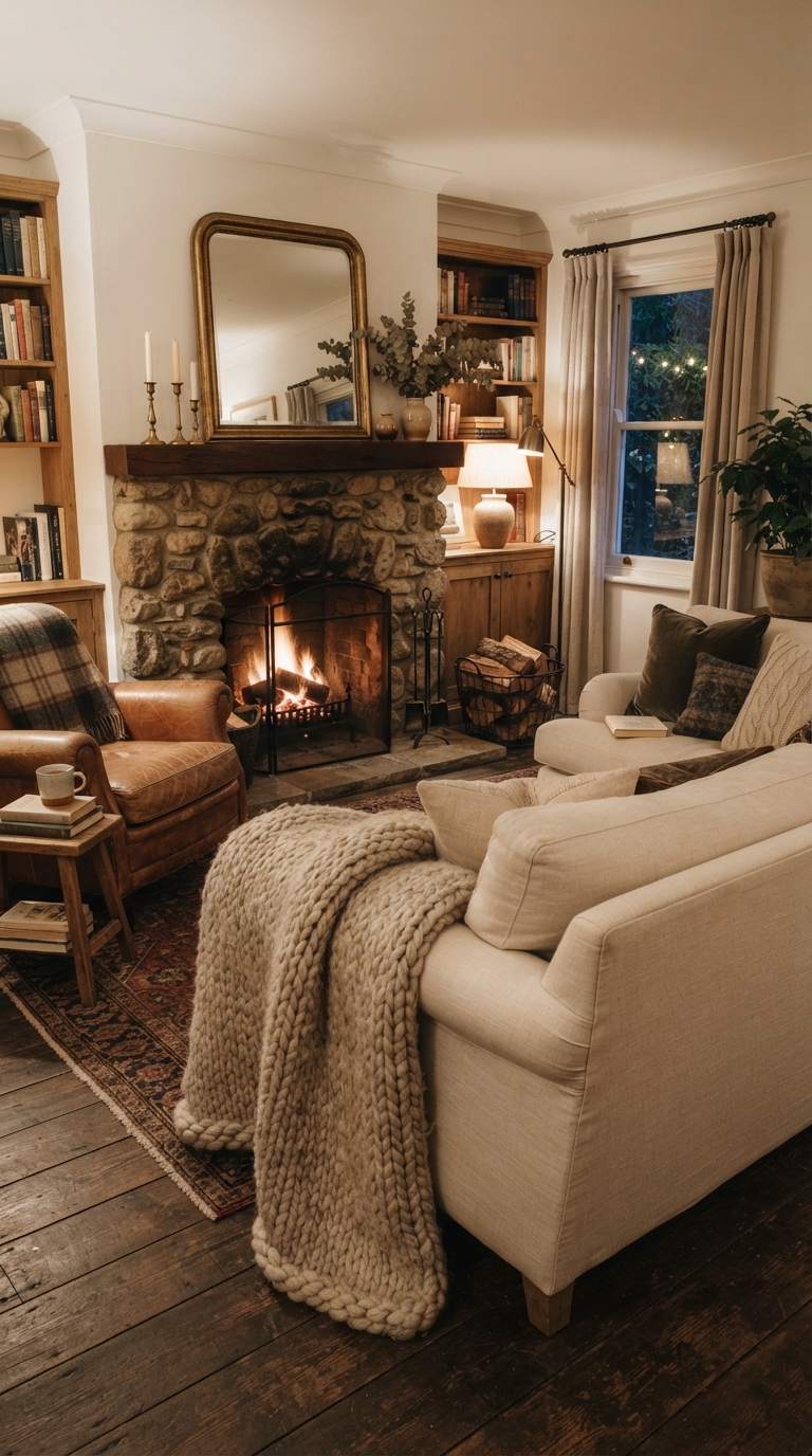 Cozy living room with stone fireplace and chunky knit throw