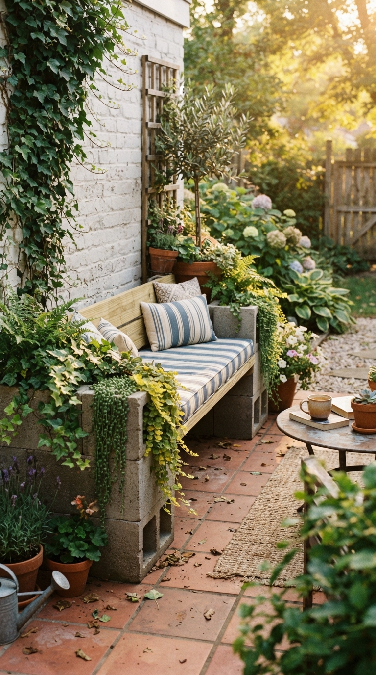 DIY cinderblock bench planter combo on a patio