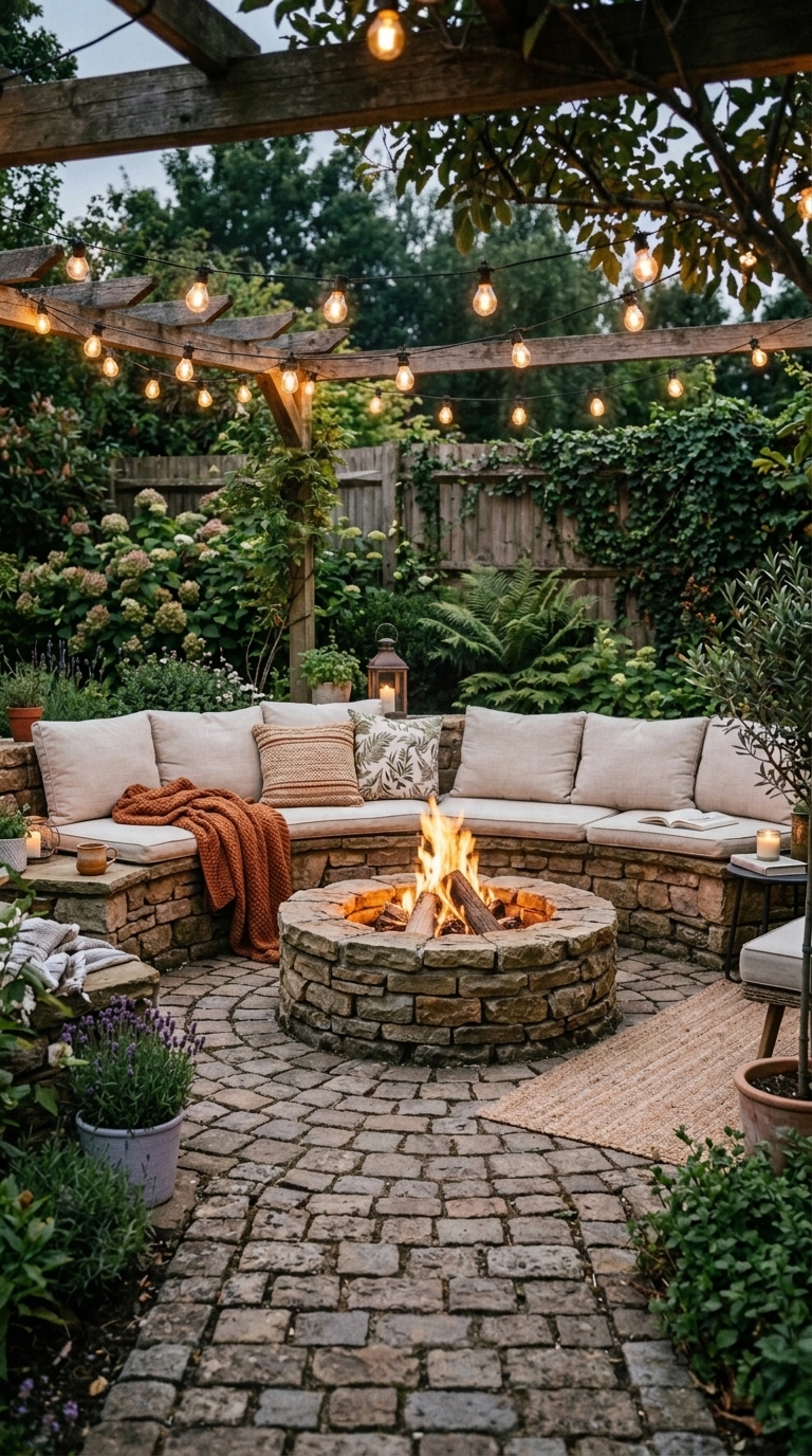 Circular fire pit paver patio with cobblestone stone and bench seating