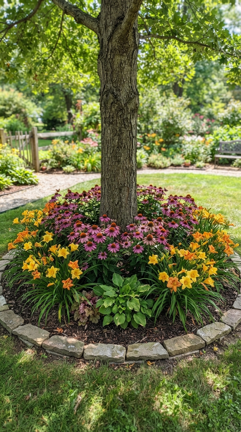 Small circular flower bed built around a tree as a yard focal point