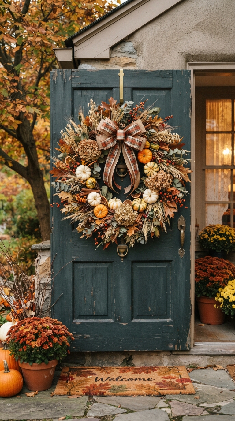 Traditional fall harvest wreath decor for front porch door