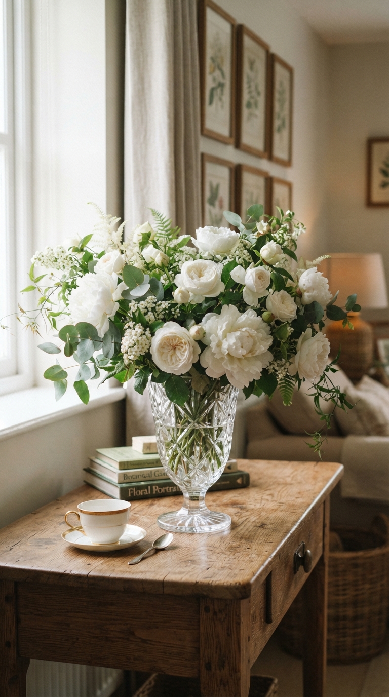 White roses and peonies arranged in a crystal vase, old money floral styling