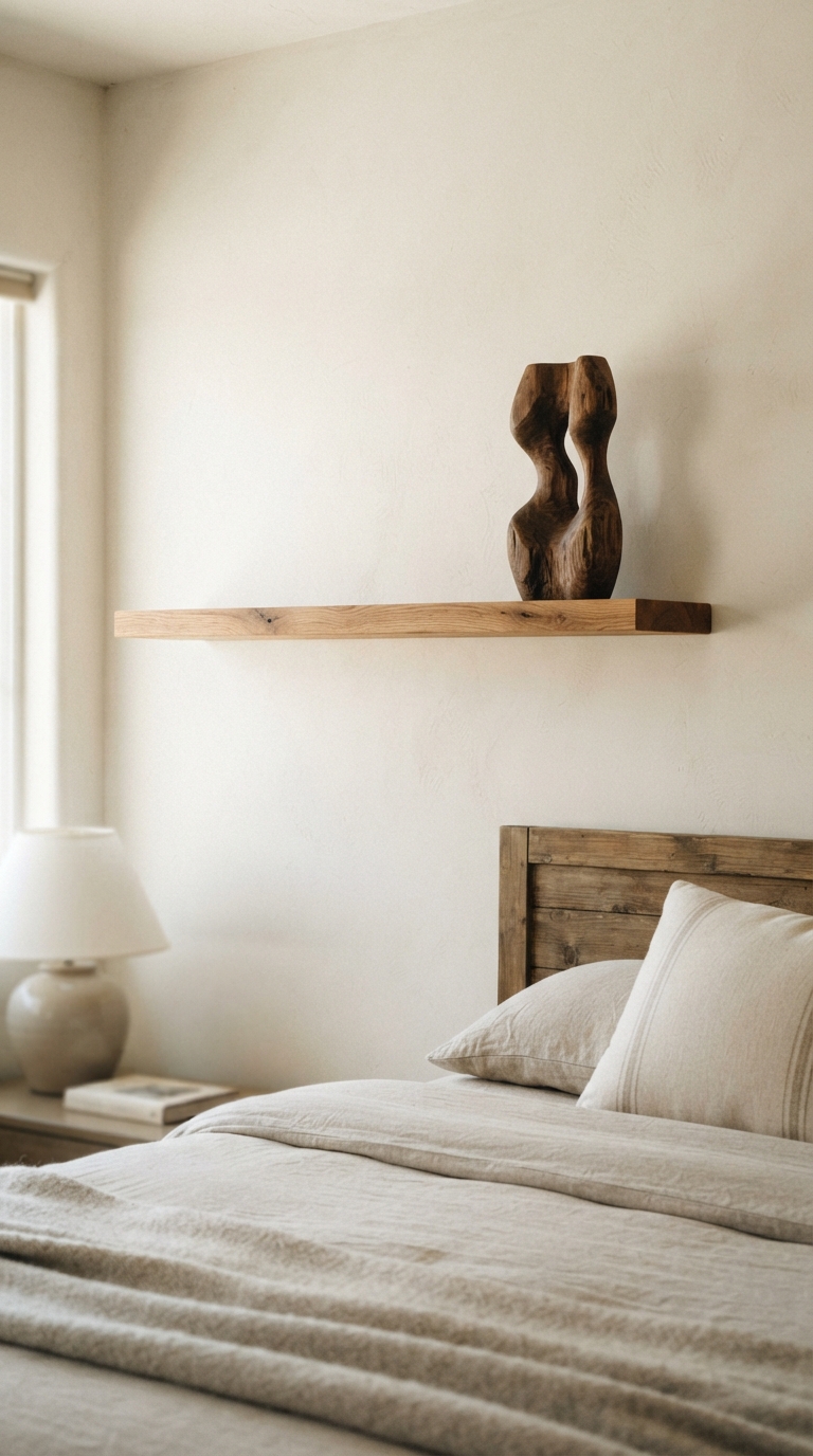 Clean-line wood bedroom shelf with a single statement decor piece