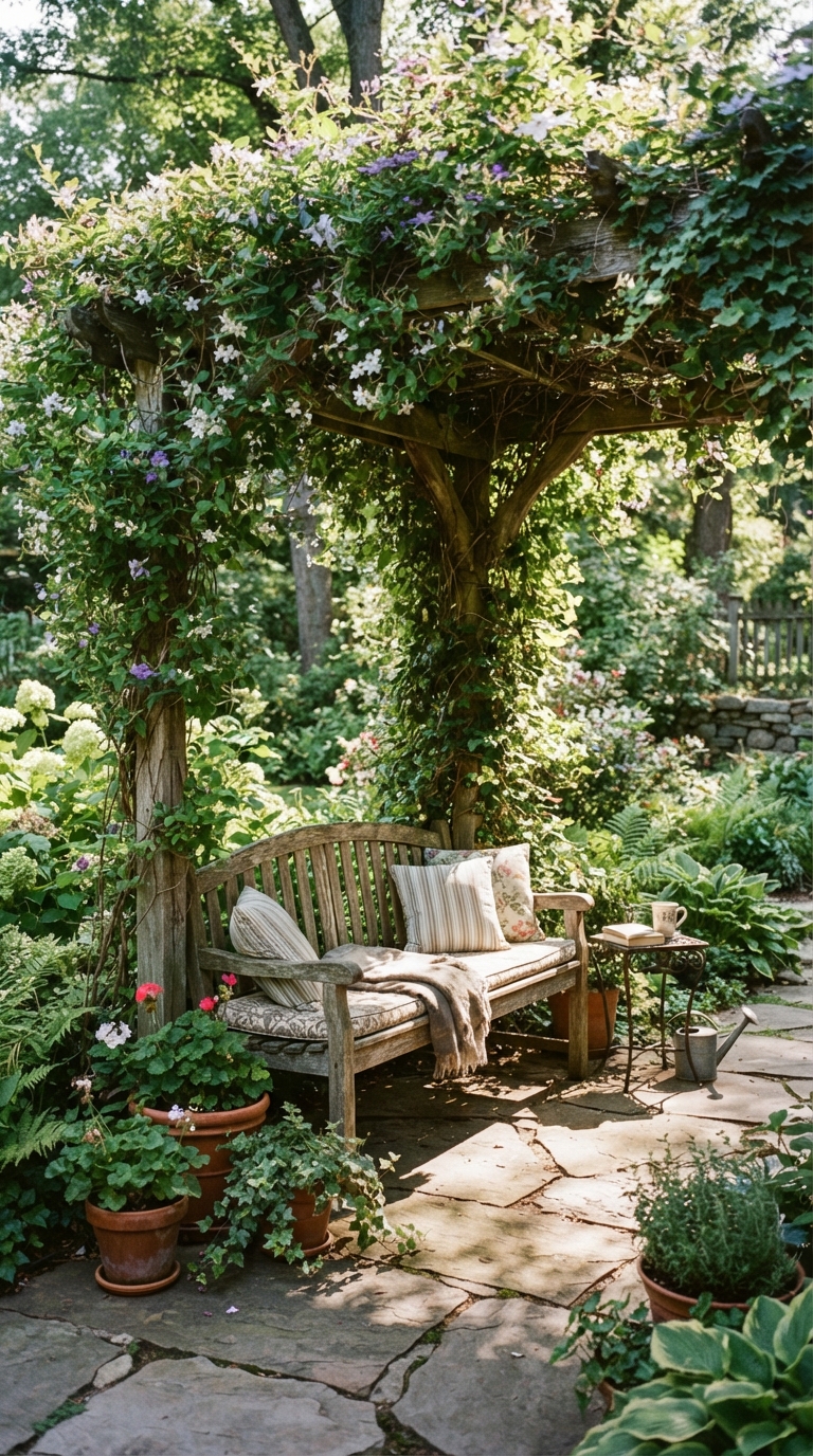 Climbing vine trellis providing natural patio shade
