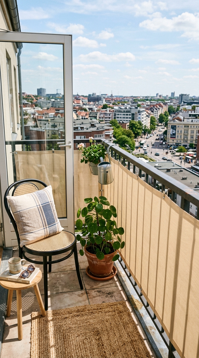 Clip-on shade screen attached to an apartment balcony railing