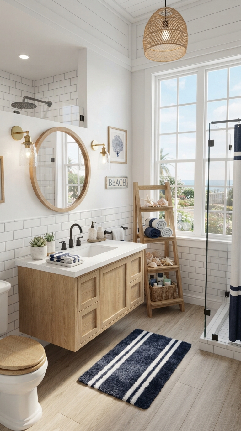 Coastal-style Bloxburg bathroom with navy accents and bright beach-inspired décor.
