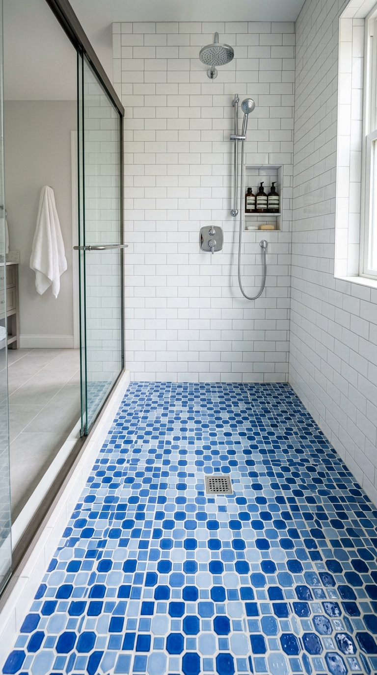 Coastal blue and white mosaic tile shower floor in a chic bathroom
