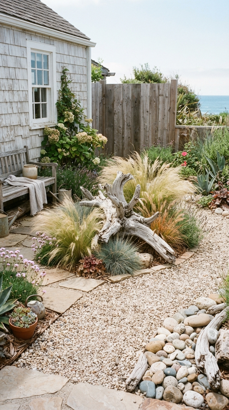 Coastal-style corner garden with driftwood and ornamental grasses.