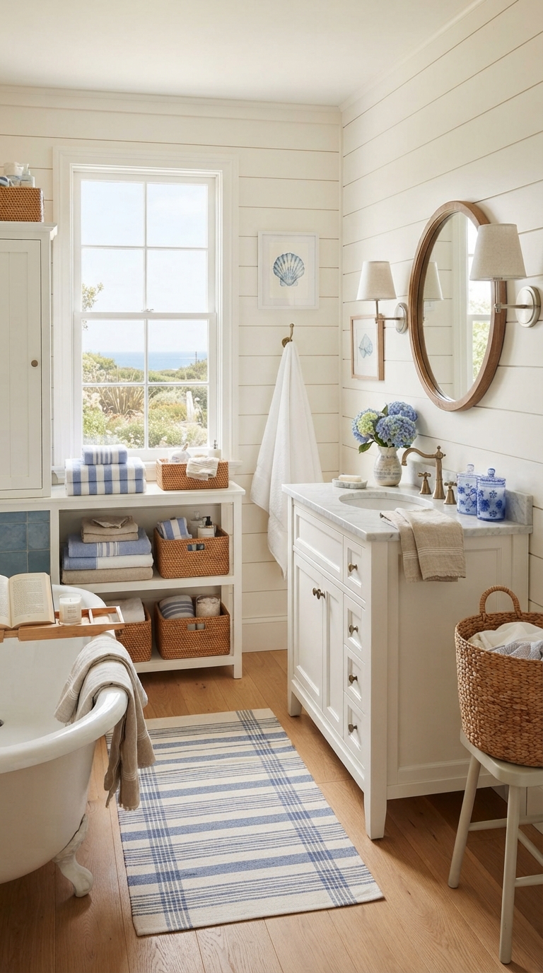 Coastal grandmother aesthetic bathroom with rattan baskets and linen textures