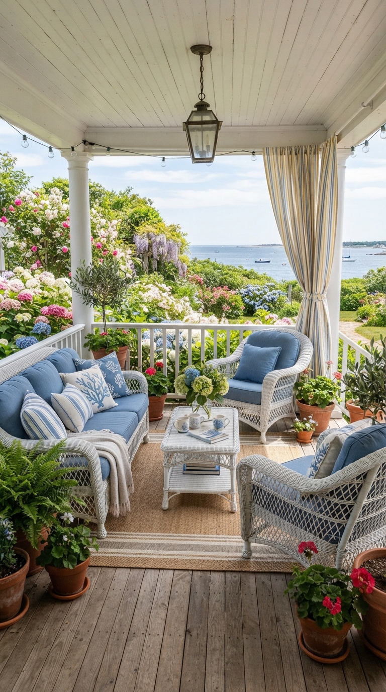 White wicker furniture styled coastal-style on a spring front porch