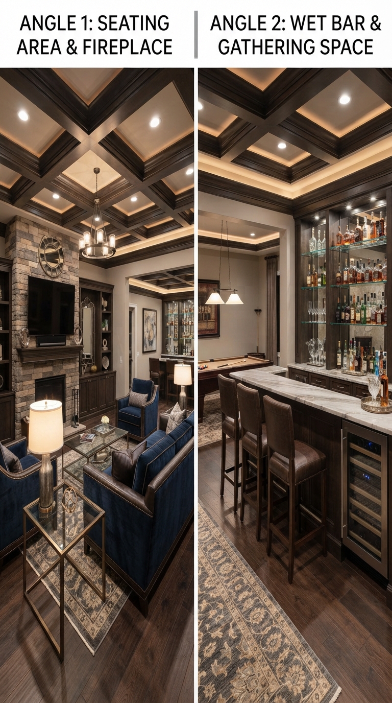 Coffered beamed ceiling in a fully renovated basement