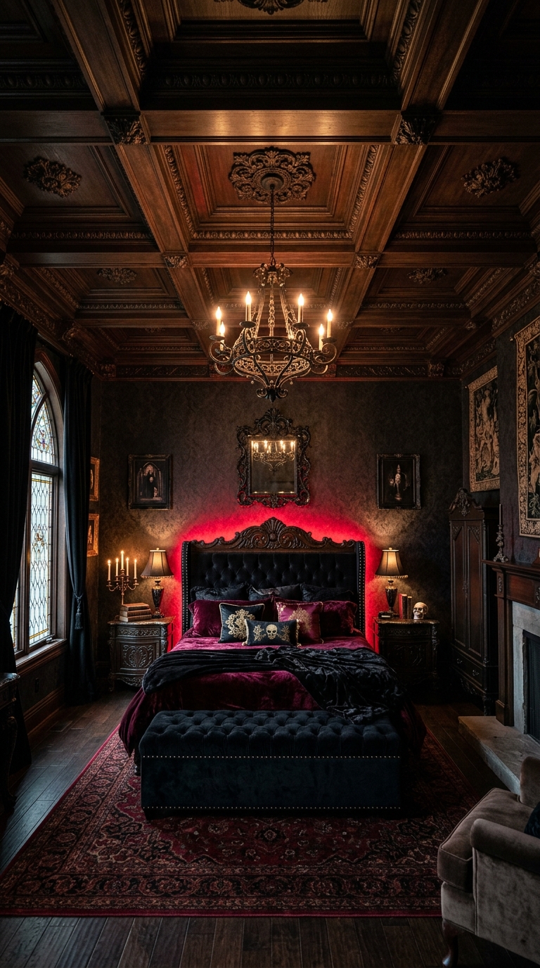 Coffered ceiling and blood-red lighting in a gothic bedroom