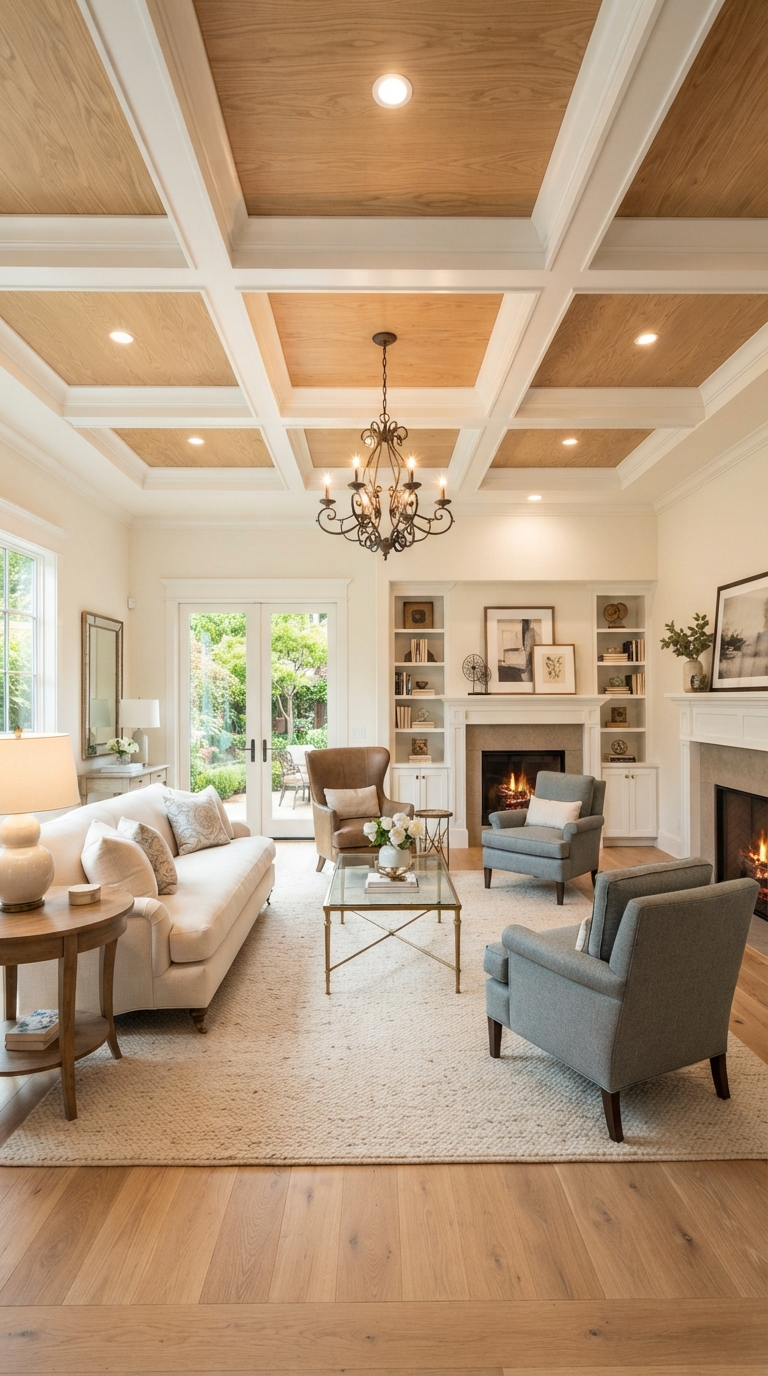 Coffered plywood ceiling design in a living room
