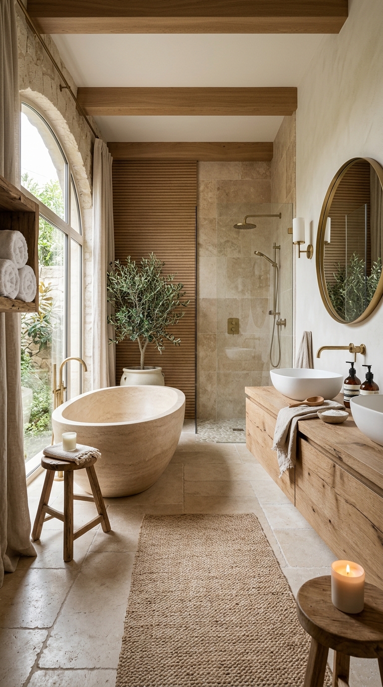 Cohesive material palette idea for a spa bathroom