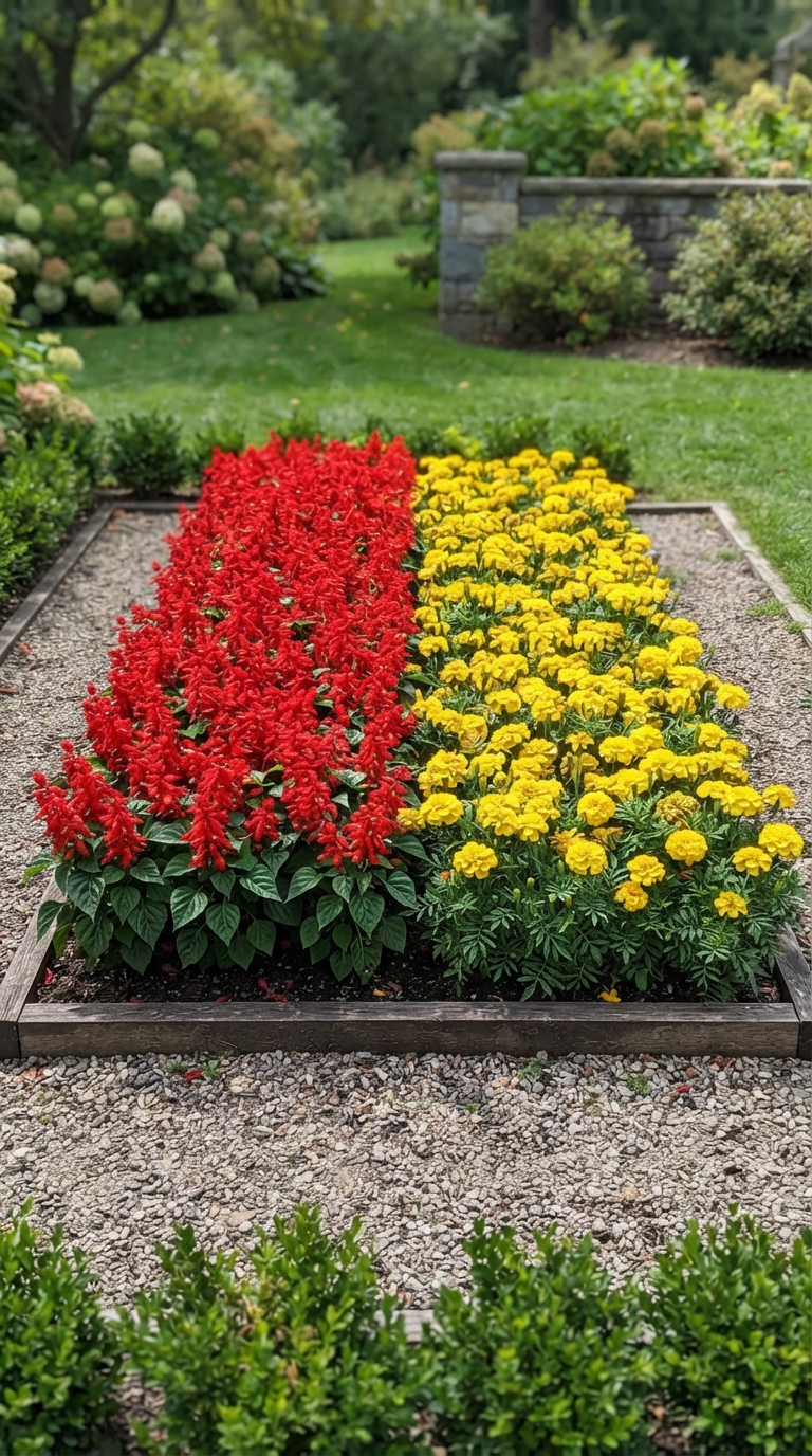 Small color-block flower bed with red salvia and yellow marigold sections
