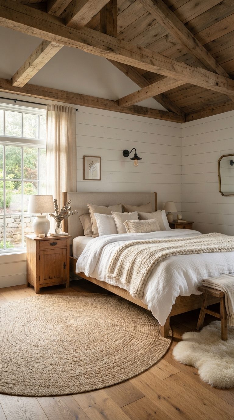 Rustic farmhouse bedroom with white shiplap walls and exposed wooden ceiling beams creating a cozy and timeless interior.