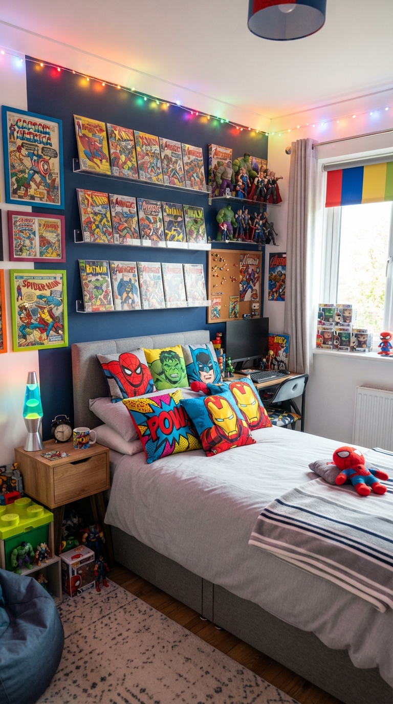 Comic book and graphic novel display wall in a boy's bedroom