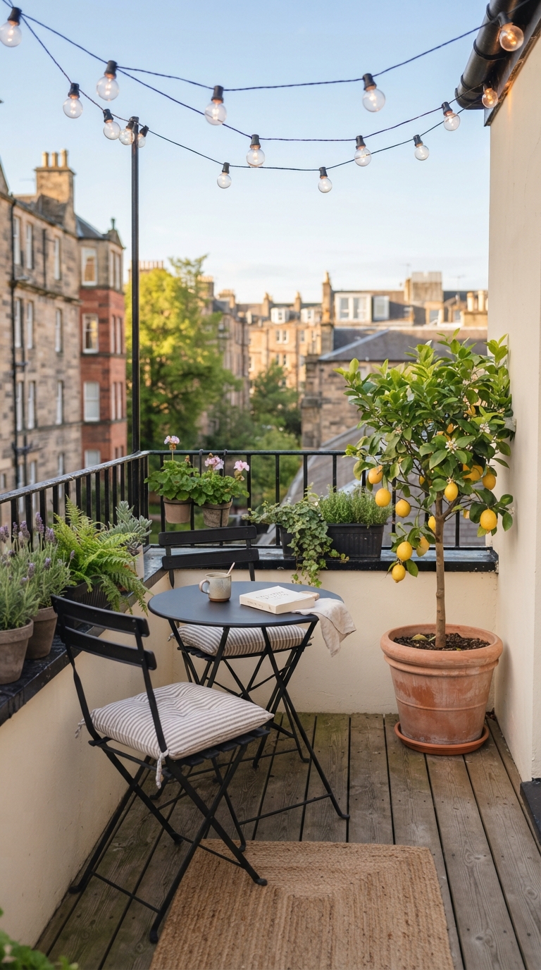 Small balcony patio with black bistro table, folding chairs, and string lights