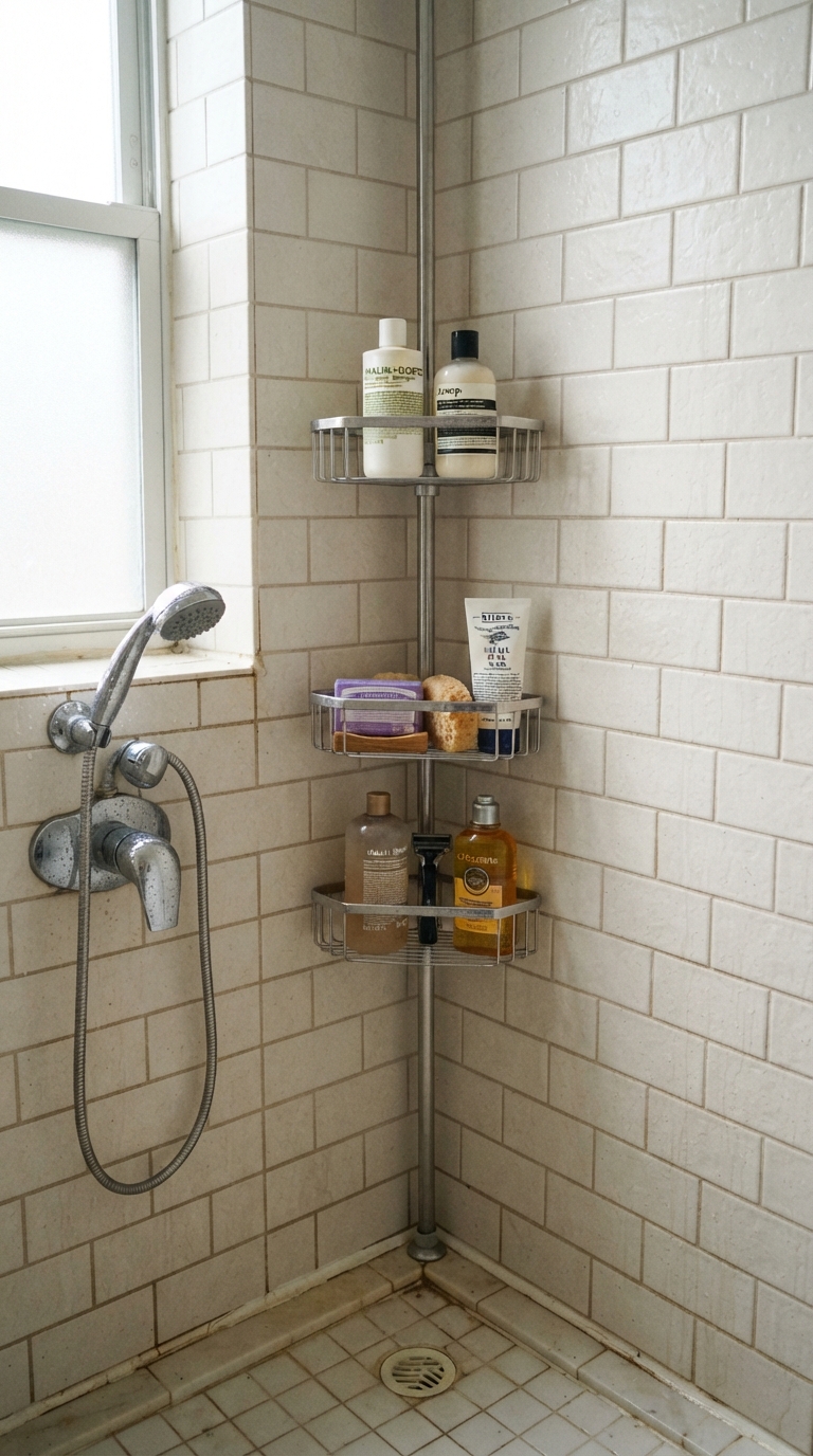 Compact corner caddy maximizing storage in a small shower