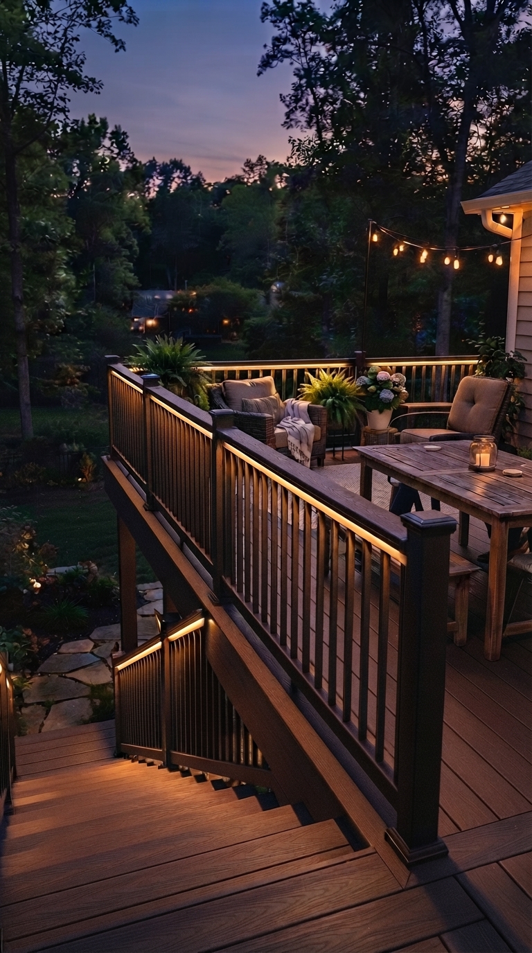 Composite deck railing with integrated lighting for evening ambiance